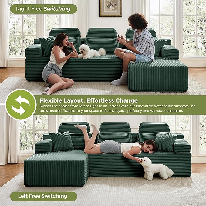 104" L-Shaped Cloud Modular Sectional Sofa with Chaise & Headrest, Boneless Deep Seat Plush Corduroy Couches for Large Living Room, No Assembly Required (Green, 104" L-shapred Chaise)