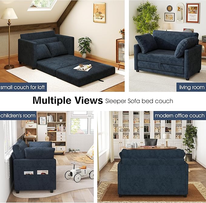 kakuboohi 51" Loveseat Sleeper Sofa Bed, Chenille Convertible Floor Sofa Bed for Small Spaces, Folding Couch Bed with Deep Seat, 2 Pillows & Solid Frame, Pull Out Floor Couch for Living Room, Blue