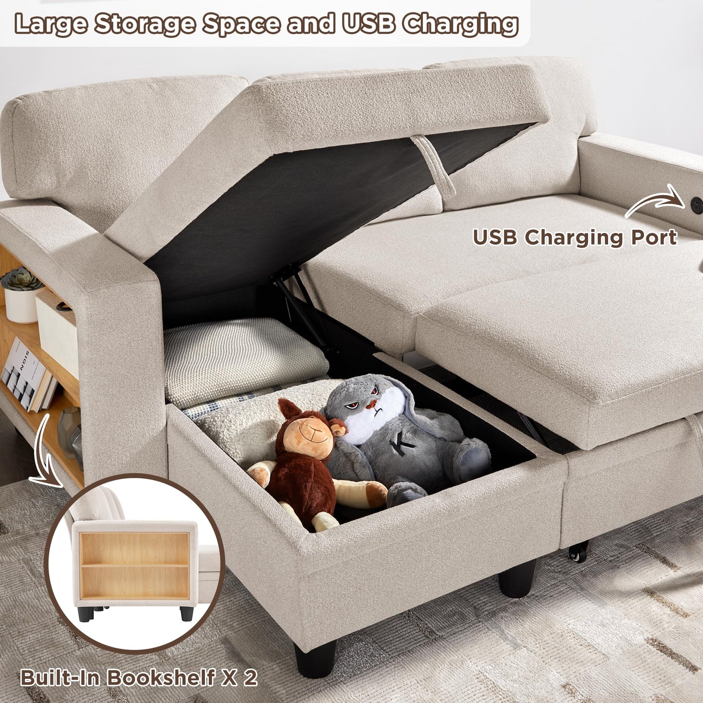RedLemon 80” Sleeper Sofa Bed,L-Shaped Convertible Sectional Couch with Storage Chaise,2 Built-in Bookshelves and USB Charging Port - Comfy Sofa for Living Room, Apartment, Beige