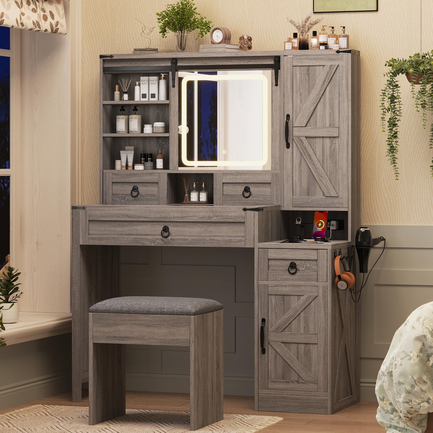 Merax Farmhouse Vanity Desk with Sliding Mirror and Lights, Elegant Dressing Table with Stool for Bedroom, Makeup Vanity Table & Glass Top Drawers and Charging Station, Gray
