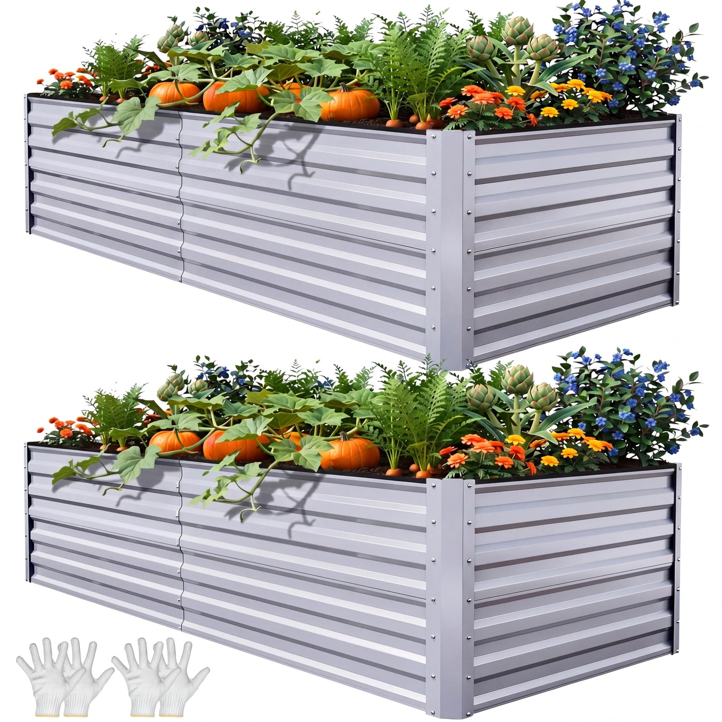 YITAHOME 8x4x2ft 2pcs Large Raised Garden Bed, Galvanized Metal Planter Box with Gloves, Ground Nails, Support Rod & Safety Rubber, Outdoor Above Ground Planters for Plants Vegetables Flowers, Silver