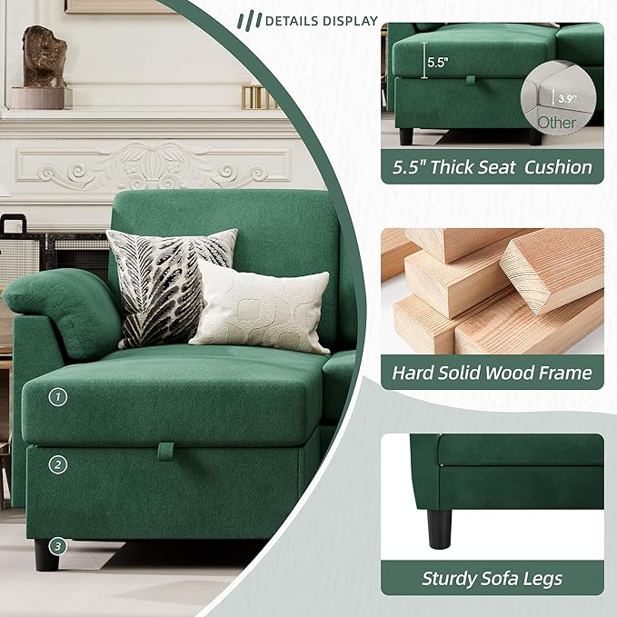 Vongrasig 79" Convertible Sectional Couch Sofa with Storage Ottoman, 3 Seat L Shaped Couch with Side Storage Pockage, Small Couches for Living Room, Apartment and Small Space (Green)