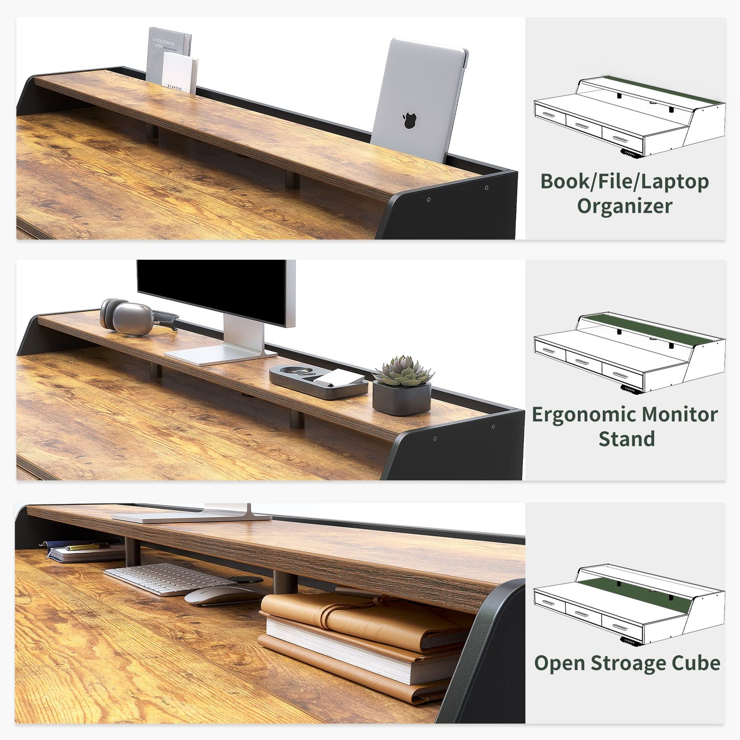 CubiCubi Standing Desk 48x26 Inches with 3 Wood Drawers and Monitor Shelf, Ergonomic Rising Home Office Desks, Height Adjustable Computer Desk, Sit Stand Up Electric Workstation Table, Brown