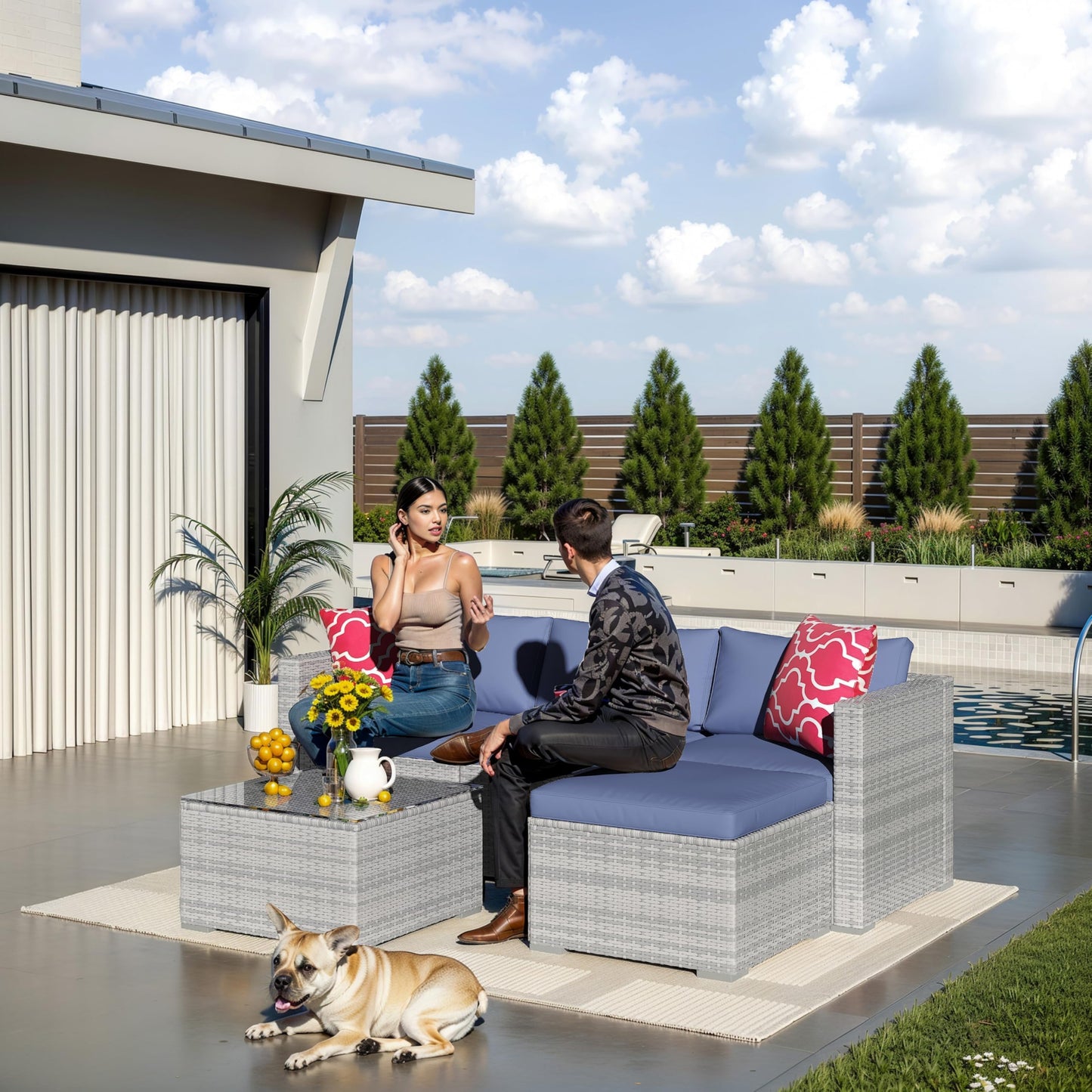 IDEALHOUSE 5-Piece Outdoor Sectional Sofa Set – All-Weather PE Rattan Conversation Furniture with Tempered Glass Table, Waterproof Blue Cushions & Footstool – Garden, Porch, Poolside – Gray Gradient
