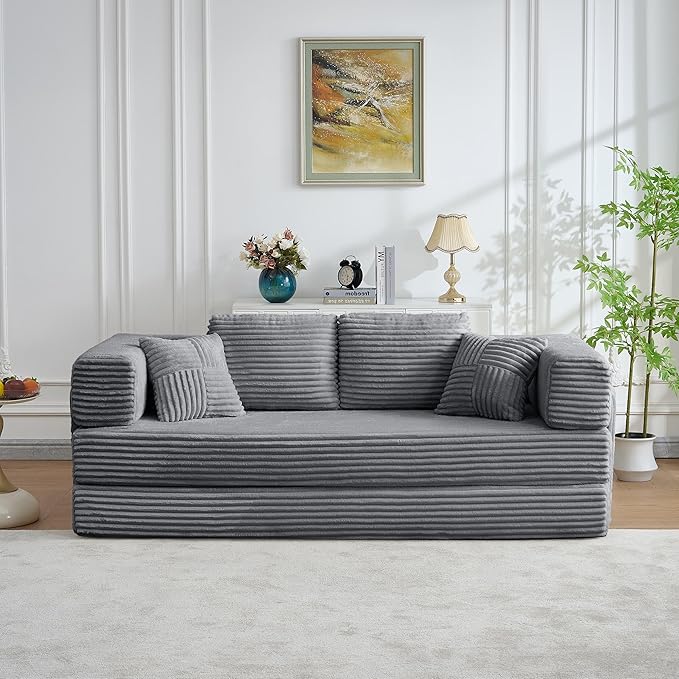 79.5" Folding Convertible Sofa Bed with Side Storage Pockets, 4-in-1 Corduroy Boneless Couch, No Assembly Loveseat Sleeper, Floor Sofa Daybed Futon Couch for Living Room Bedroom Lounge, Grey Upgraded