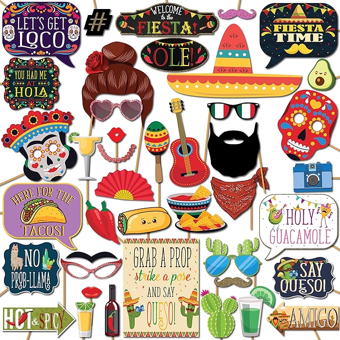 Fiesta Photo Booth Props - 41-pc Photobooth Kit with 8 x 10-Inch Sign, 60 Adhesive Pads, 45 Sticks - Mexican Photo Prop - ...