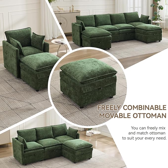 Abbrevi 27" Large Square Ottoman with Storage, Modern Upholstered Footrest with Anti-Slip Legs for Couch Coffee Table Living Room, Bedroom, Entryway, Chenille Green