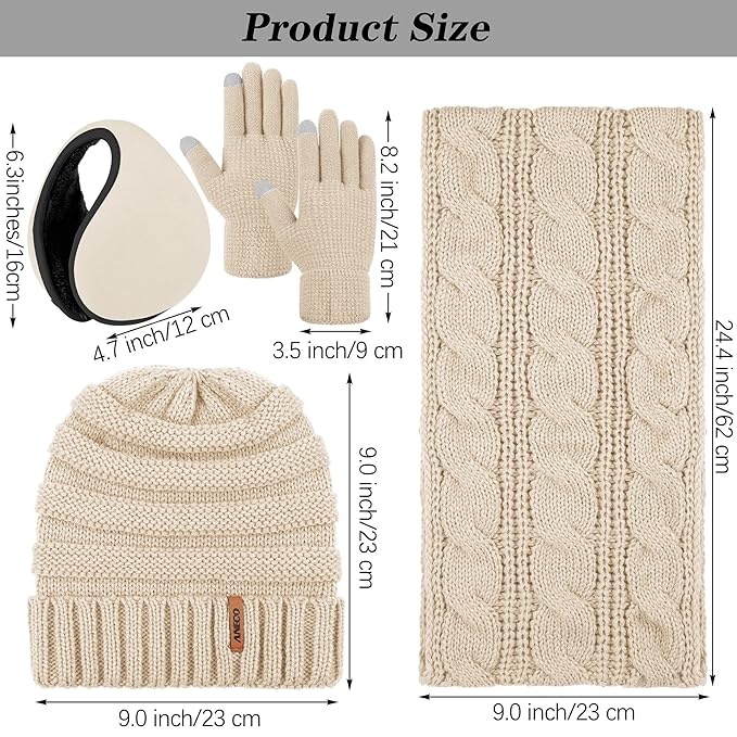 Aneco Winter Warm Sets Knitted Scarf Beanie Hat Touch Screen Gloves and Winter Ear Warmer for Men or Women