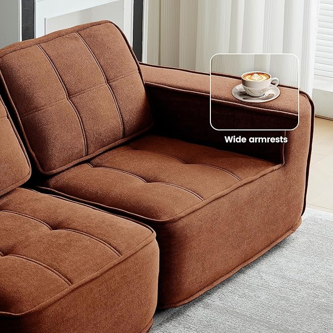 108" Boneless sectional Couch for Living Room,Convertible L-Shape Fleece Couches with Ottoman, Cloud Modular Sofa with Deep Seat for Bedroom, No Assembly, Orange