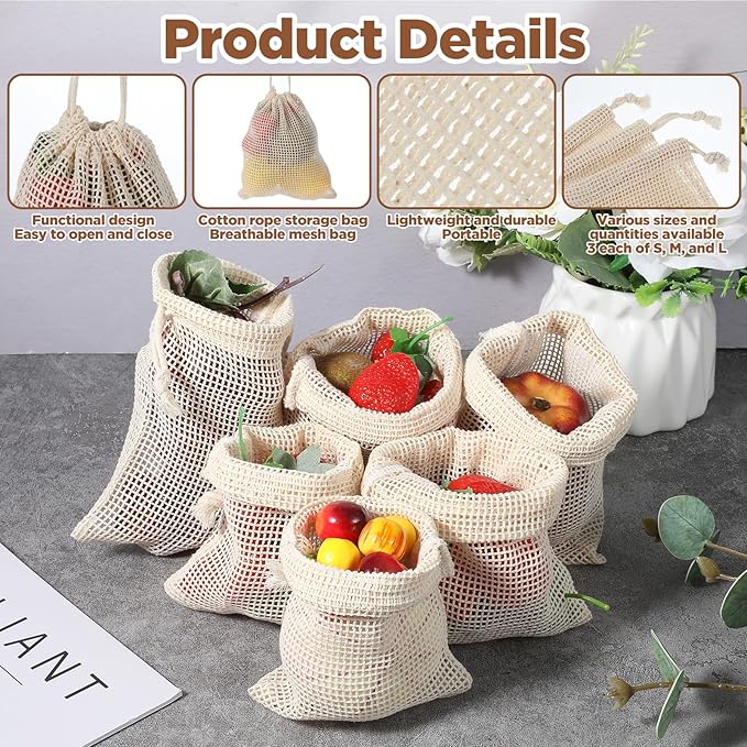 9 PCS Reusable Mesh Produce Bags Cotton Mesh Vegetable Bags for Refrigerator Potato Storage Bag Reusable Double Stitched with Drawstring Produce Bag for Vegetables Fruit Grocery Shopping(3 S/M/L)