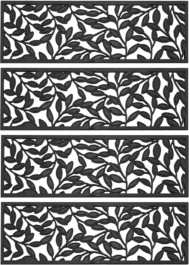 Set of 4 Rubber Stair Tread Mats 30 x 10 Inch Anti-Slip Outdoor Rug, Black – Leaf Pattern