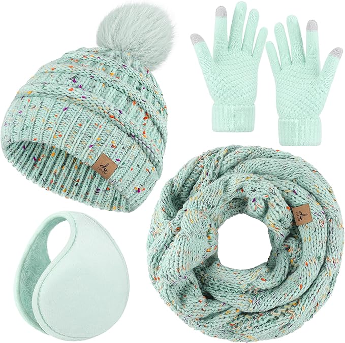 Winter Hat Scarf Gloves and Ear Warmer, Warm Knit Beanie Hat Touch Screen Gloves Set Winter Gifts Neck Scarves for Women