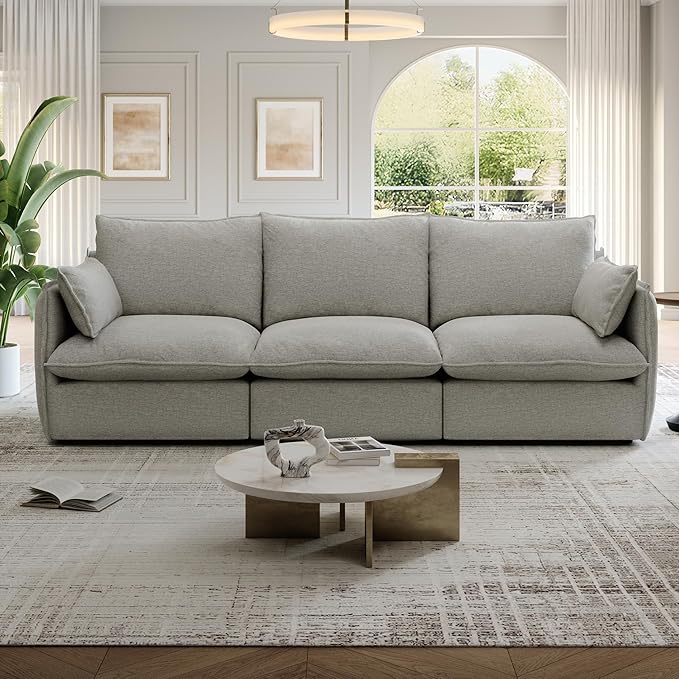 Lopzeho 94.6" Cloud Modular Sectional Sofa, Waterproof Down Filled Sectional Sofas, High Backrest 3 Seater Sectional Couches for Living Room, Modern Modular Couch with Removable Cover, Light Gray