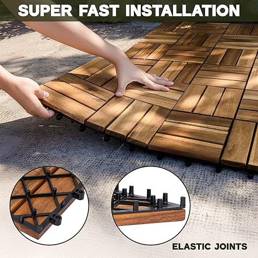 VICTORY RELAX Acacia Wood Decking Tiles 27PCS - Easy Snap Interlocking Deck Tiles for Patio Poolside Balcony Decor - All Weather Waterproof Flooring for Indoor & Outdoor (Round Joints)