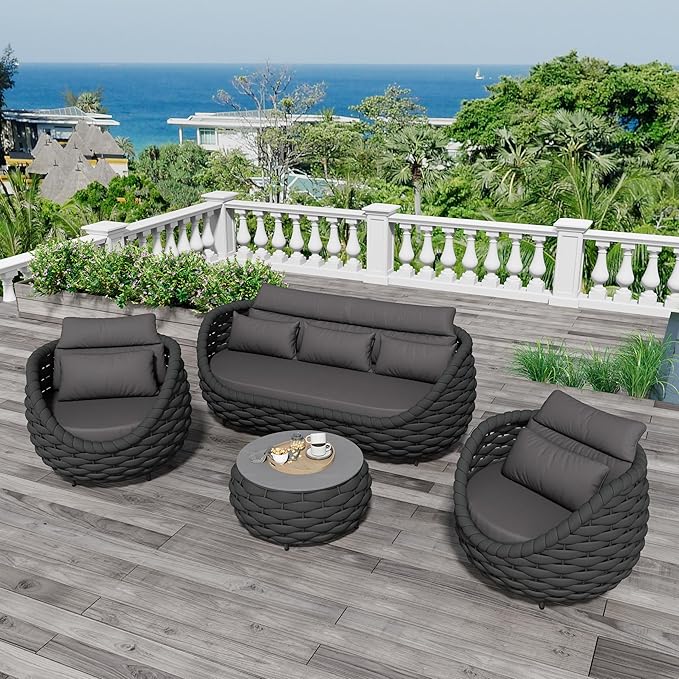 Erotr Woven Rope Patio Furniture Set: 4 Pieces Aluminum Outdoor Conversation Sofa Set Assembled - Modern Couch Set Cushioned - All Weather Metal Porch Seating for 5 Person Deck Garden Hotel, Dark Gray