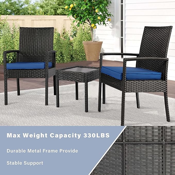 PAOLFOX 3 Piece Outdoor Patio Furniture Sets, Rattan Conversation Set with Soft Cushion, Wicker Chairs with Coffee Table for Yard Backyard Lawn Porch Poolside Balcony, Blue