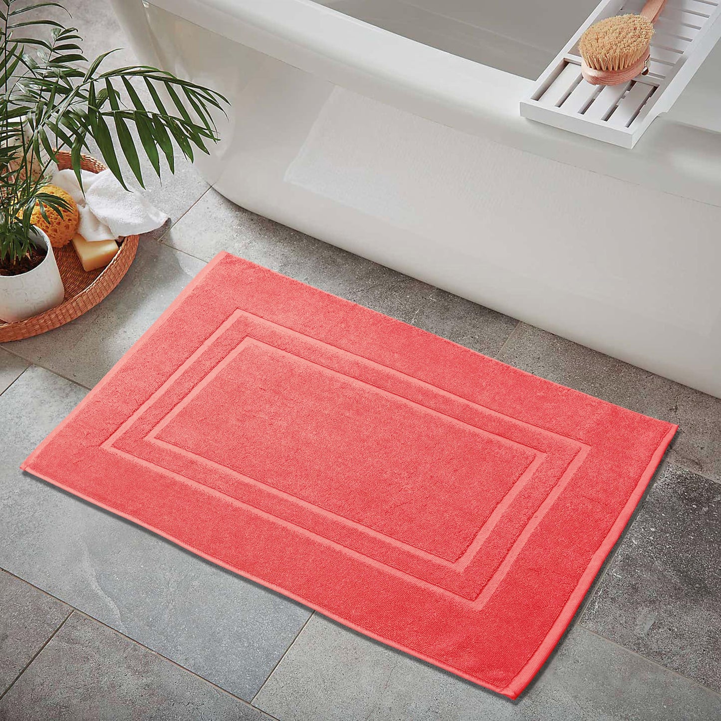 Feather & Stitch 2 Piece Towel Like Bath Mats (30x21 Inch) 100% Cotton Terry Mat for Hotel, Spa, Shower Floor Mats [NOT A Bathroom Rug], Soft Absorbent Washable Mats - Coral