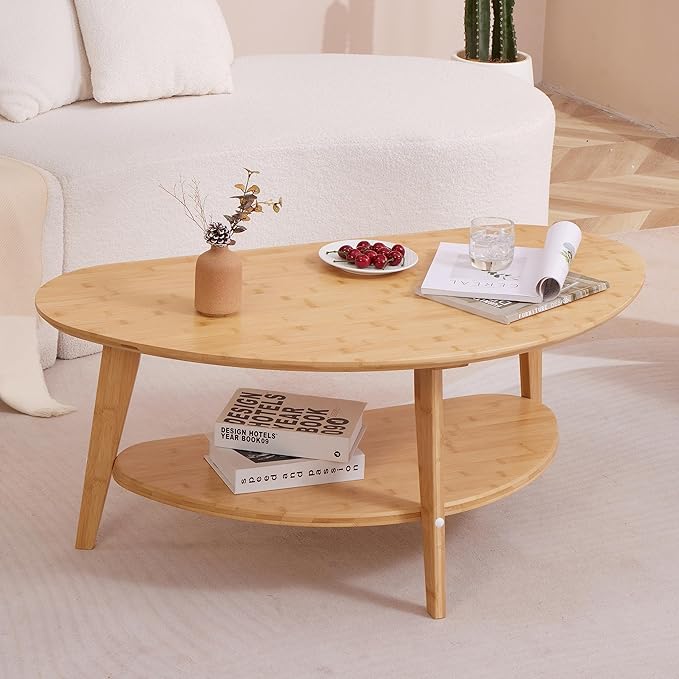 NAVREX Mid Century Modern Coffee Table, Oval Coffee Tables with Storage for Living Room, 2 Tier Solid Wood Center Table, Wooden Coffe Tables, Easy Assembly, 40.2" D x 22" W x 17.7" H | Mid-Century Modern, for Living Room, FSC Certified, Wooden, Coffee ...
