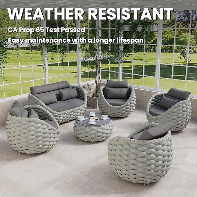 Erotr Cushioned Outdoor Patio Furniture Set: 6 Pieces Aluminum Porch Conversation Sofa Set - Modern Hand Woven Rope Deck Couch Set - No Assembly All Weather for 661lbs Yard Garden Poolside Hotel, Gray