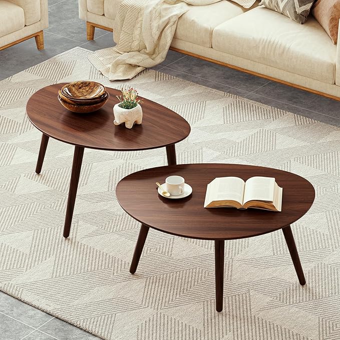 Vadisun Small Oval Coffee Table, 33.5" Mid Century Modern Coffee Table for Living Room, 100% Solid Oak Wood Side Table, Minimalist Display Center Table (Walnut Color, 33.46''Wx22.83''Dx15.74''H)