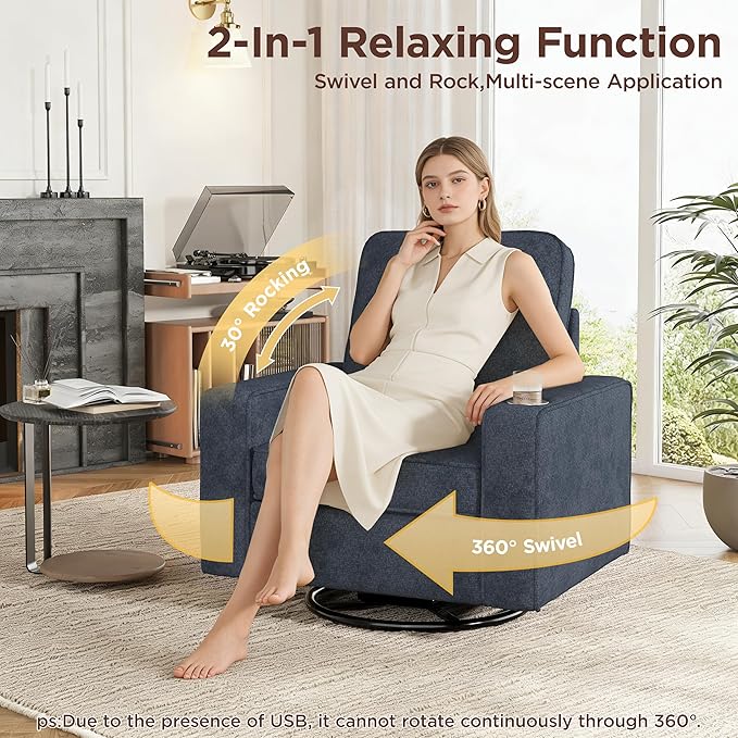 Swivel Square Accent Chair with Wide Armrests,360° Rotating Comfy Single Sofa Chairs with USB/Type-C,Cup Holder & Side Pocket,Modern Armchair for Living Room Bedroom Reading Lounge Nook,Blue | Swivel Accent Chair, with USB/Type-C, Cup Holder, Side Pocket