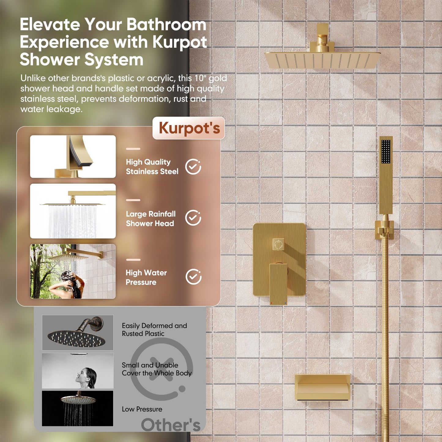 Kurpot Brushed Gold Shower System, All Metal Gold Shower Faucet Set with Tub Spout, 10'' Gold Shower Head with Handheld, 59'' Shower Hose, Shower Valve and Diverter, Wall Mounted Bath Tub Faucet Set