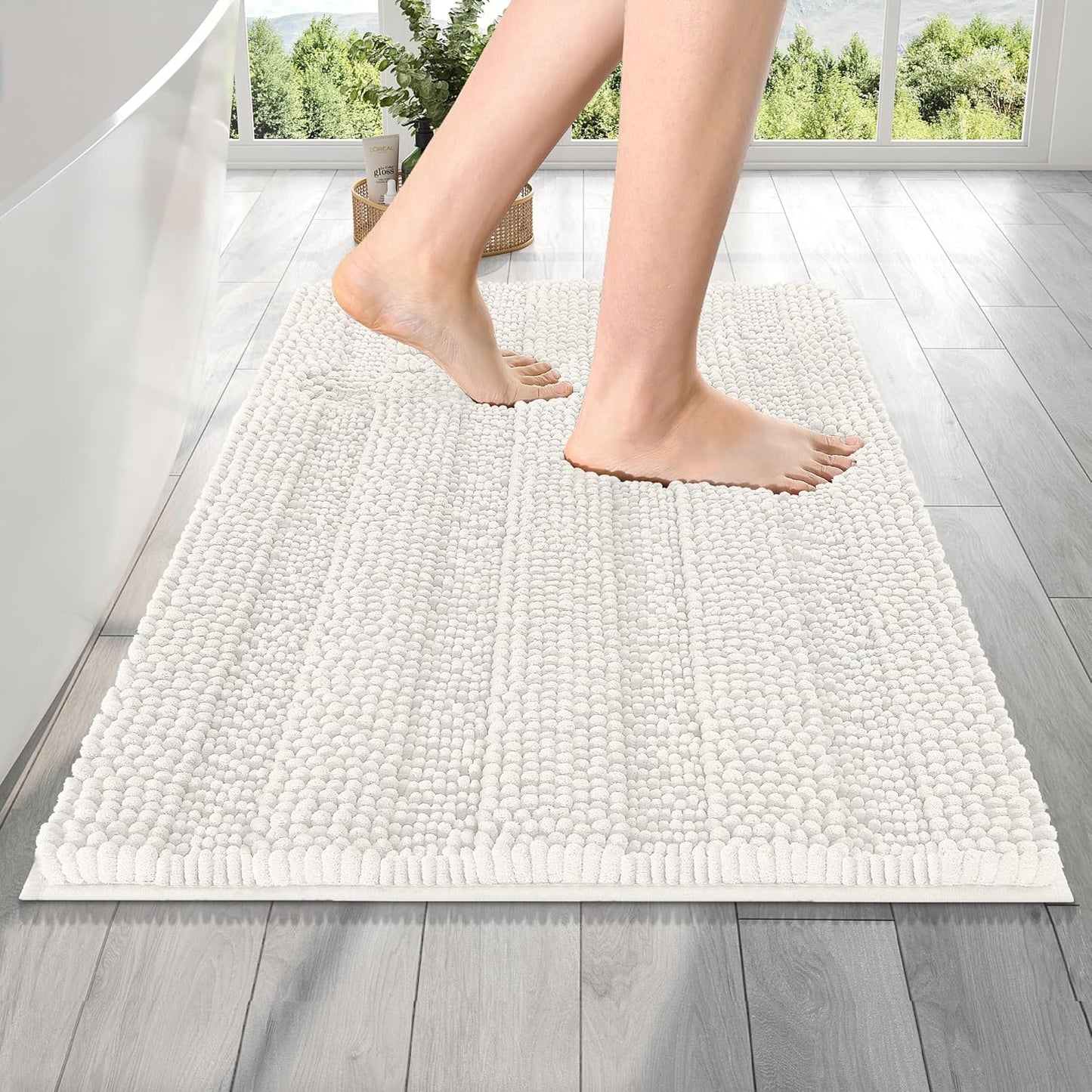 OLANLY Thick Bathroom Rugs 24x16, Extra Soft Absorbent Chenille Striped Bath Rugs, Rubber Backing, Machine Wash Dry, Bath Mats for Bathroom Floor, Tub and Shower, Home Decor Accessories, Ivory