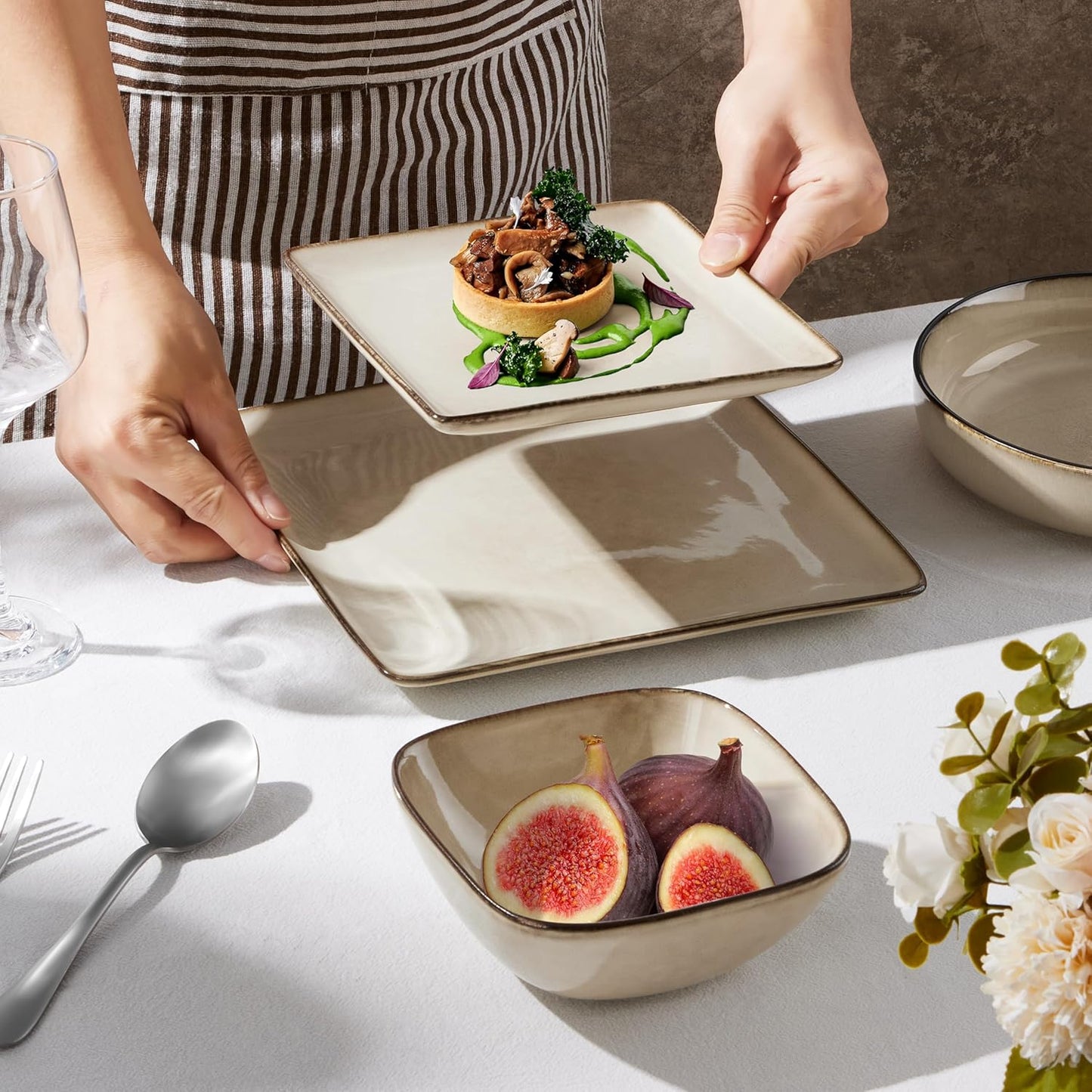 E-far Square plates and bowls Sets for 6, 18-Piece Reactive Glaze Stoneware Dinnerware Sets, Porcelain Dishware Sets for Kitchen Home, Microwave & Dishwasher Safe, Sandy Beige