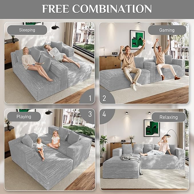 Modular Sectional Sofa, 107" L Shaped Cloud Couch Plush Corduroy Deep Seat Boneless Sofas with 5 Pillows Long Chaise Lounge Couches Memory Foam for Living Room - Grey, Left Facing Chaise