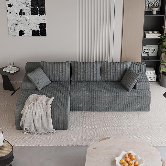 LAUSAINT HOME 96" Modular Sectional Sofa Couches, L-Shaped Boneless Cloud Sofa with 3 Deep Seat, 5 Cushiones Oversized Chaise for Living Room, Bedroom, Plush Corduroy Fabric (Left, Grey)