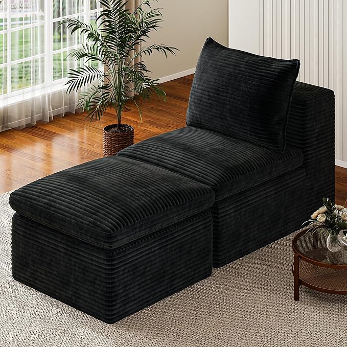 Buytime 65.6" Chaise Lounge Chair Indoor, Boneless Upholstered Sofa Bed, Corduroy Comfy Sleeper Chair for Living Room and Bedroom, Black