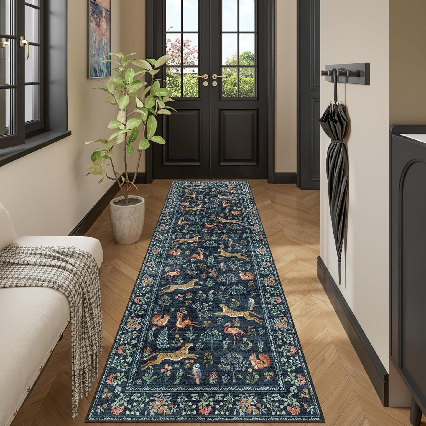 DUKINO 2x10 Rug for Hallway, Washable Kitchen Runner Rug with Non Slip Backing, Soft Low Pile Vintage Animal Runner for Bedroom, Kitchen, Hallway, Entryway, Laundry, Navy Blue