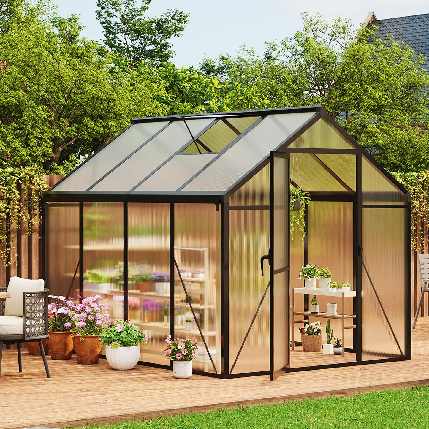 6 X 8 FT Greenhouse, Outdoor Greenhouses, Polycarbonate Panels with Aluminum Frame, Adjustable Roof Vent and Lockable Door, Green Houses for Outside Backyard, Garden, Patio