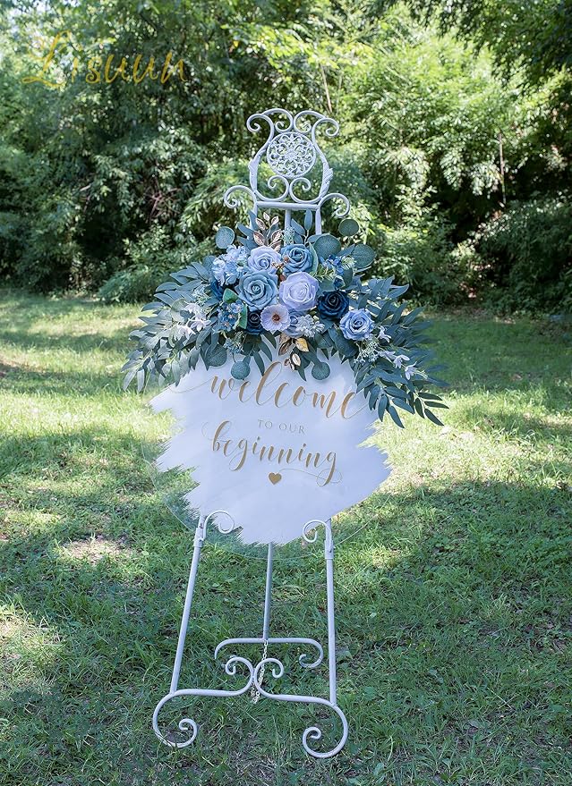 Wedding Arch Flowers, Artificial Floral Decor for Wedding Ceremony & Reception, Standard Size Large Flower Swag Set for Backdrop & Welcome Sign, Pack of 2 (Gray Blue)
