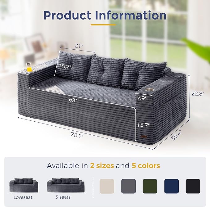 MAXYOYO 79" Oversized Boneless Loveseat Sofa Couch for Small Spaces, Mini Love Seat Floor Couch with Cup Holders and Pillows, 3-Seater Upholstered Cloud Couch for Bedroom, No Assembly Required