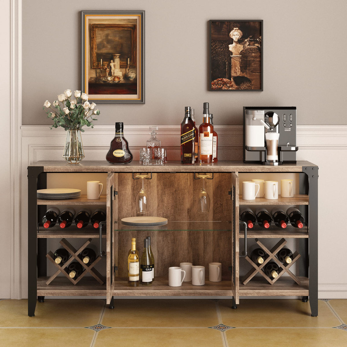 Vabches 58" Wine Cabinet with Wine Rack Storage,Home Bar for Liquor and Glasses, Farmhouse Coffee Bar Cabinet, Liquor Cabinet for Home Living Room Dining Room