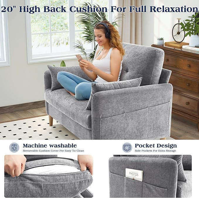 Hanherry Loveseat Sofa, 47” Small Couch for Living Room, Comfy Chenille Fabric Love Seat for Bedroom with Throw Pillow,Removable Cushion Cover,Couches for Small Space,Apartment,Dorm