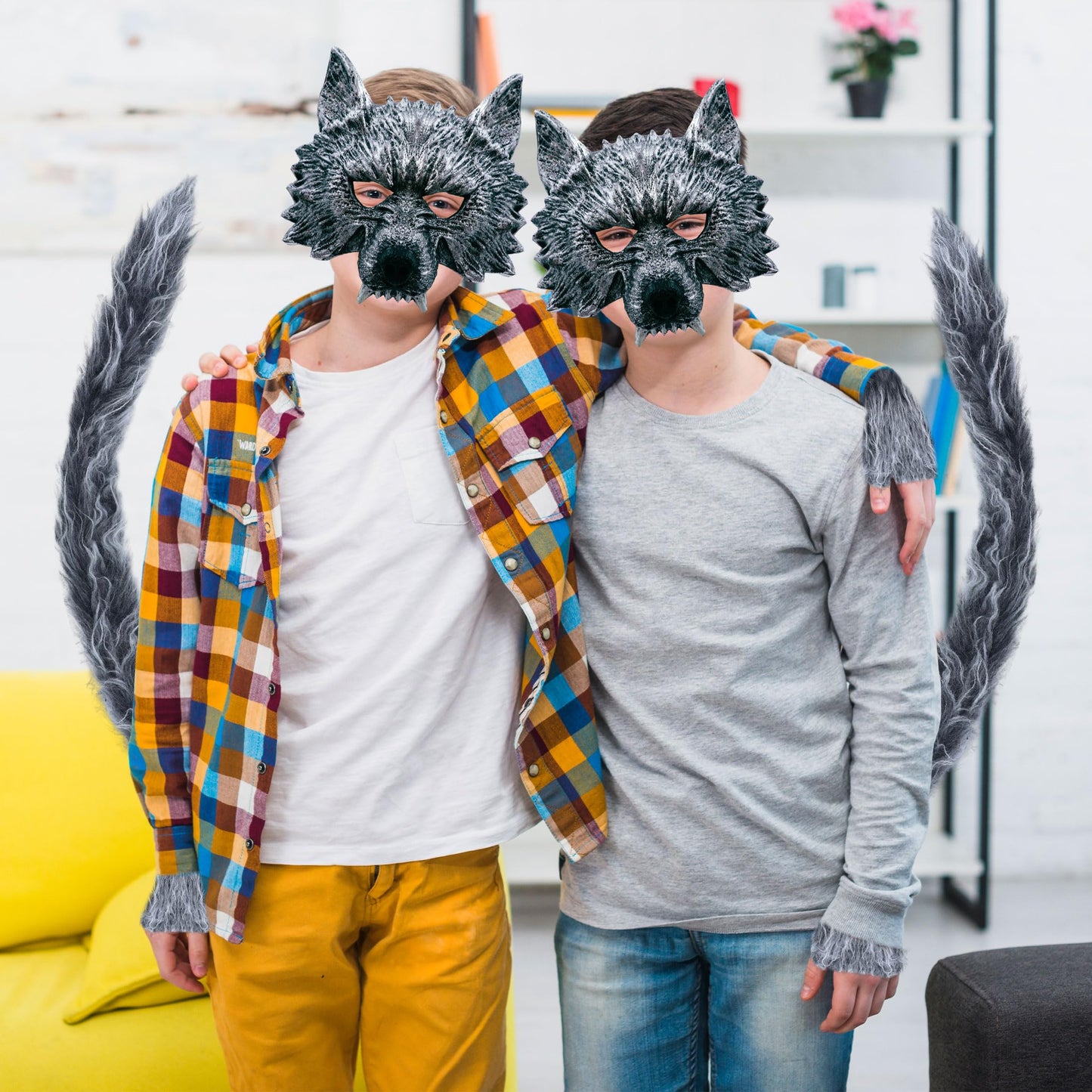 D-Fokes 4 PCS Werewolf Costume Set - Realistic Wolf Mask, Gloves and Tail - Adult & Kids Cosplay Halloween Wolf Mask