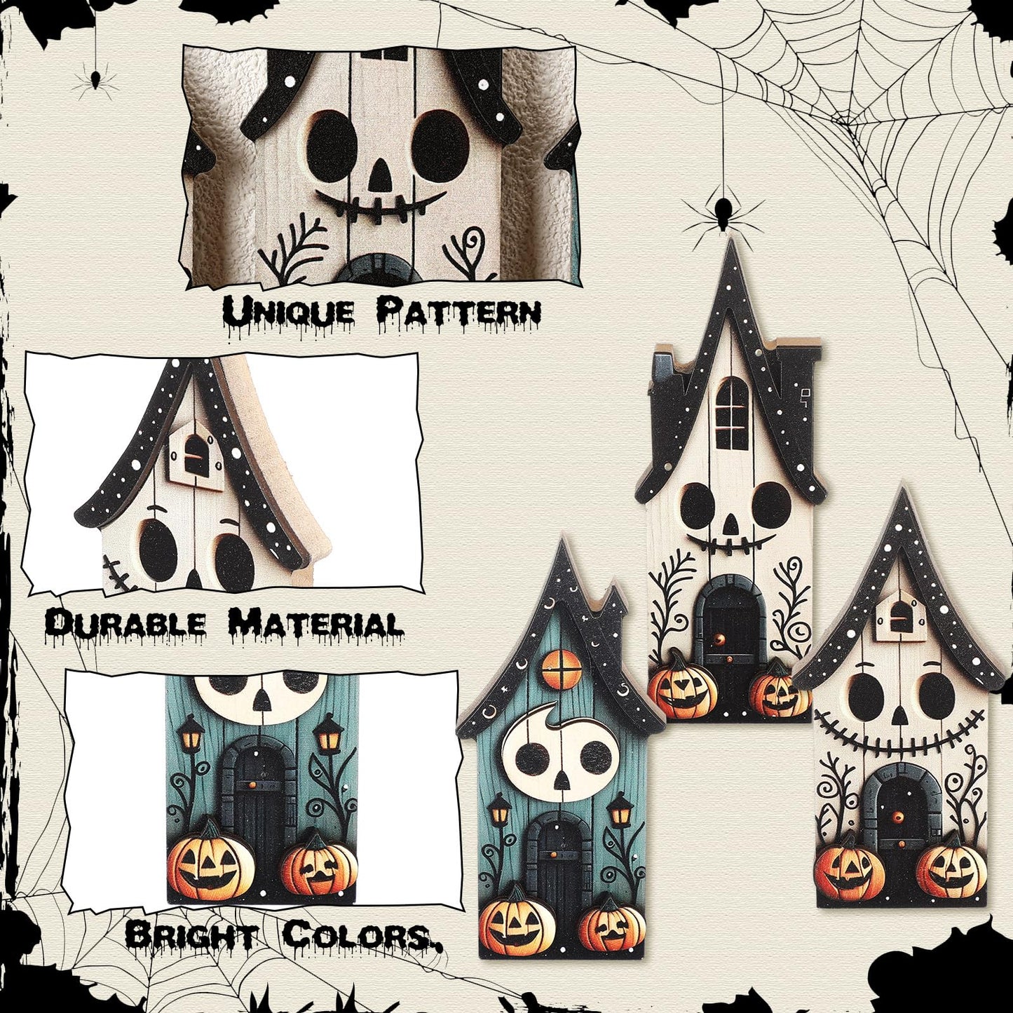 Redbaker 3 Pieces Halloween Table Decorations Haunted House Wooden Block Sign Halloween Tiered Tray Decor Rustic Farmhouse Pumpkin Ghost Centerpieces for Home Shelf Desk Mantel Tabletop Party Decor