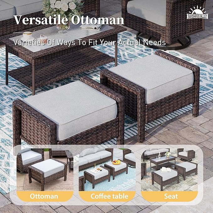 SUNSHINE VALLEY 5 Pieces Patio Furniture Set with Swivel Chairs, High Back Wicker Rattan Sofa with Extra Thick Cushion and Ottoman, Outdoor Conversation Set for Garden Backyard Deck, Grey