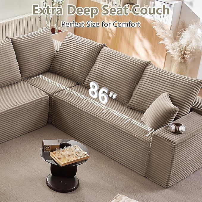 Cloud Sectional Couch with L-Shape Chaise, Upholstered Corduroy Couches Stupendous U Shaped Sofas, Modern Modular Comfy Sofa with Deep Seat for Living Room Bedroom, No Assembly Required, Camel