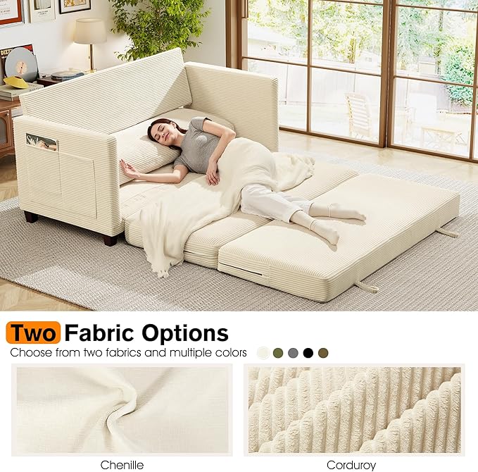 kakuboohi 65" Loveseat Sleeper Sofa Bed, Corduroy Convertible Sofa Bed for Small Spaces, Folding Couch Bed with Deep Seat, 2 Pillows & Solid Frame, Pull Out Floor Couches for Living Room, Beige