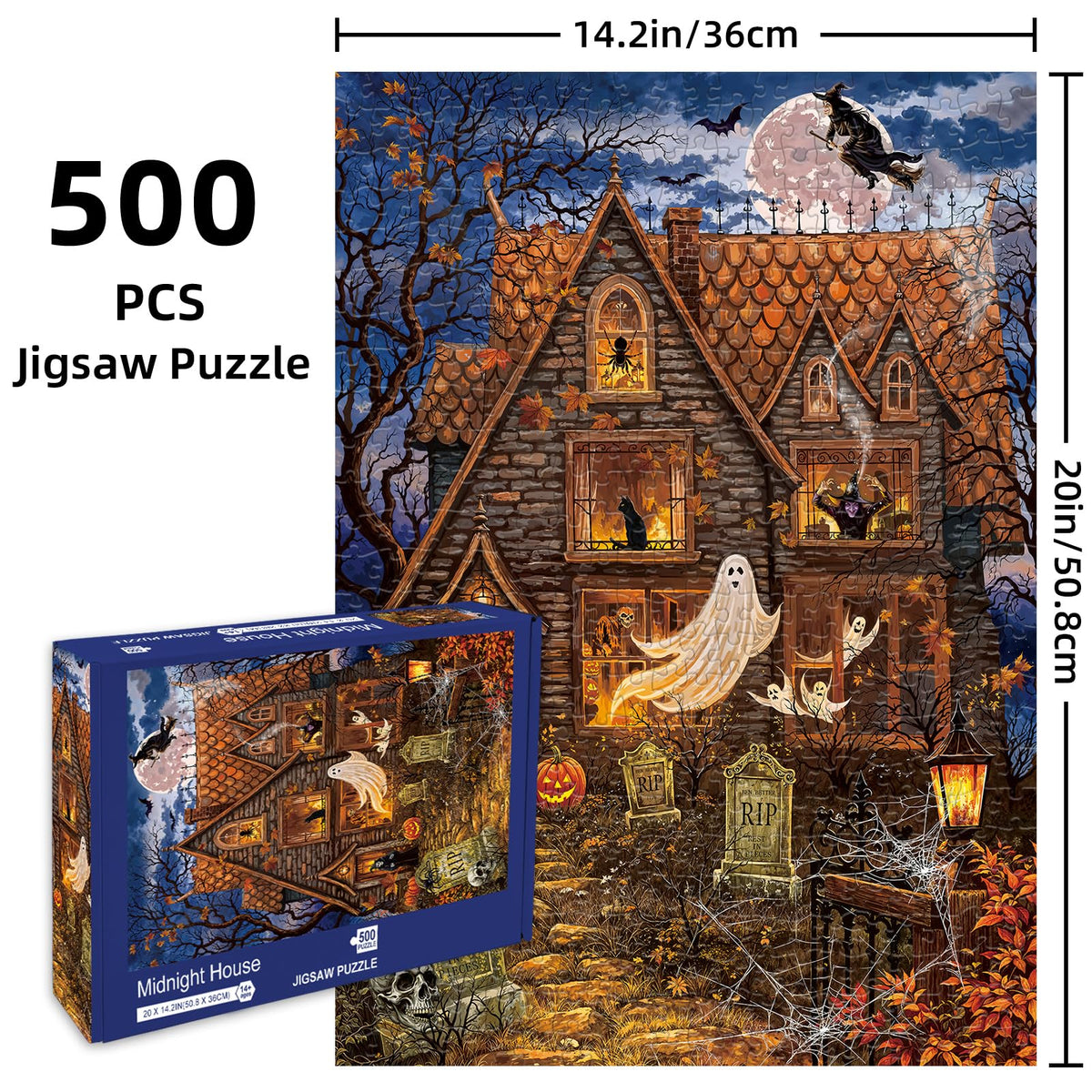 Hopgo 500 Piece Puzzles for Adults, Halloween Puzzle 500 Pieces for Family Game, Horror Haunted House Puzzle for Halloween Midnight, Great Gifts for Puzzles Lovers 20"x14.2"