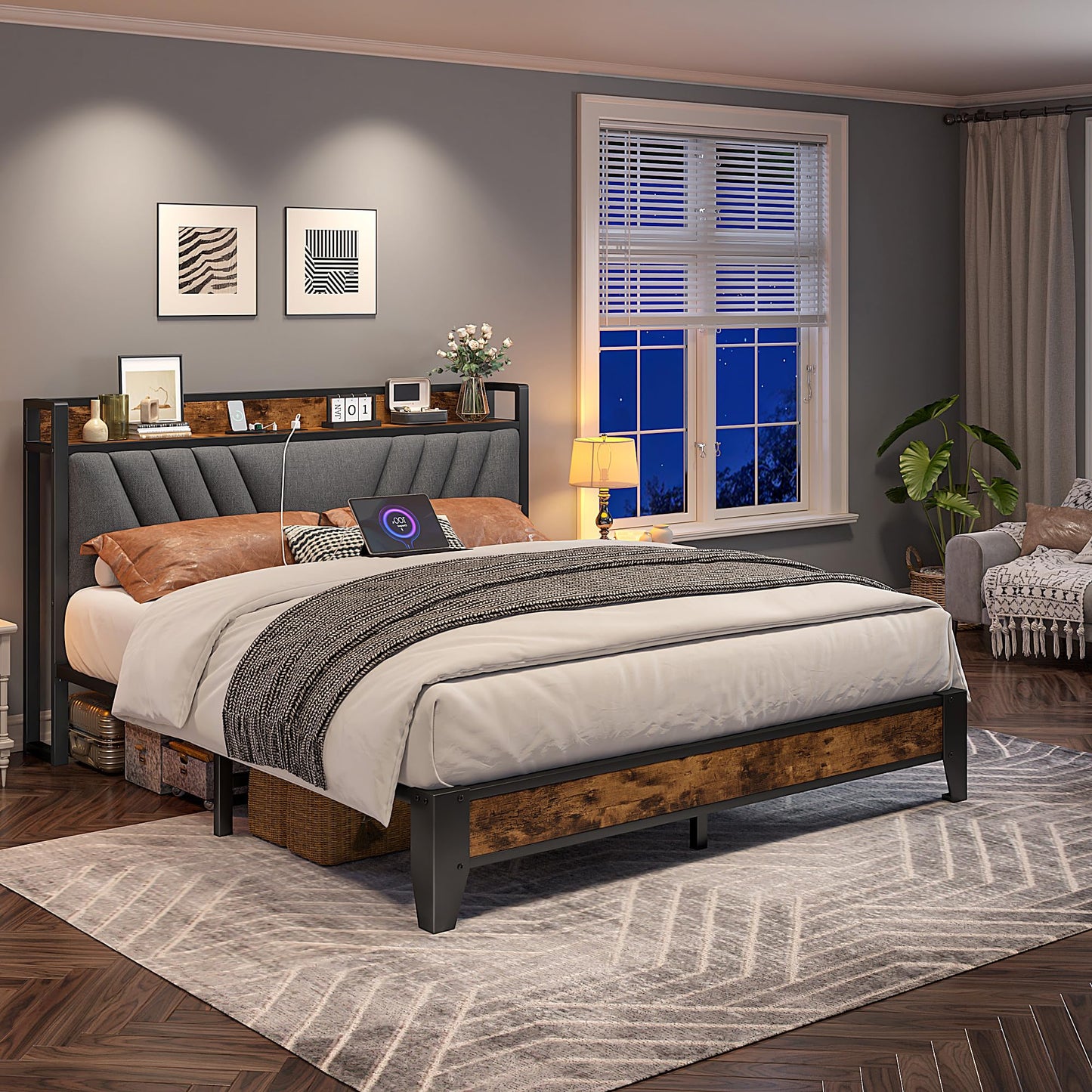Homkdom Queen Bed Frame with Headboard, Bed Frame Queen Size with Charging Station, Metal Platform with Under Bed Storage, No Box Spring Needed, No Noise, Easy Assembly
