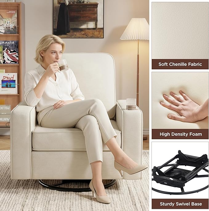 Swivel Square Accent Chair with Wide Armrests,360° Rotating Comfy Single Sofa Chairs with USB/Type-C,Cup Holder & Side Pocket,Modern Armchair for Living Room Bedroom Reading Lounge Nook,Beige White | Swivel Accent Chair, with USB/Type-C, Cup Holder, Si...
