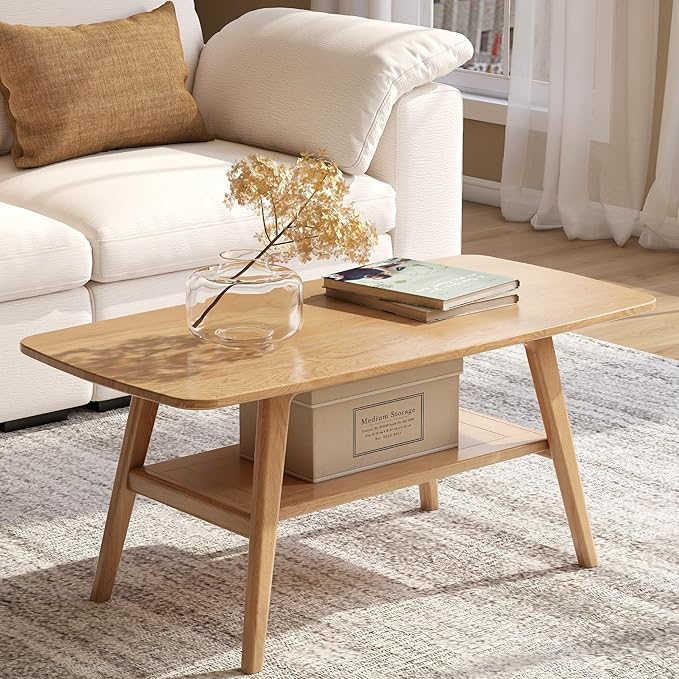 Wayshome 100% Solid Oak Wood Coffee Table for Living Room, 2-Tier Small Coffee Tables with Shelf Storage, Mid Century Modern Table with Rounded Corners (Natural, 39.37" x 19.68" x 17.32")