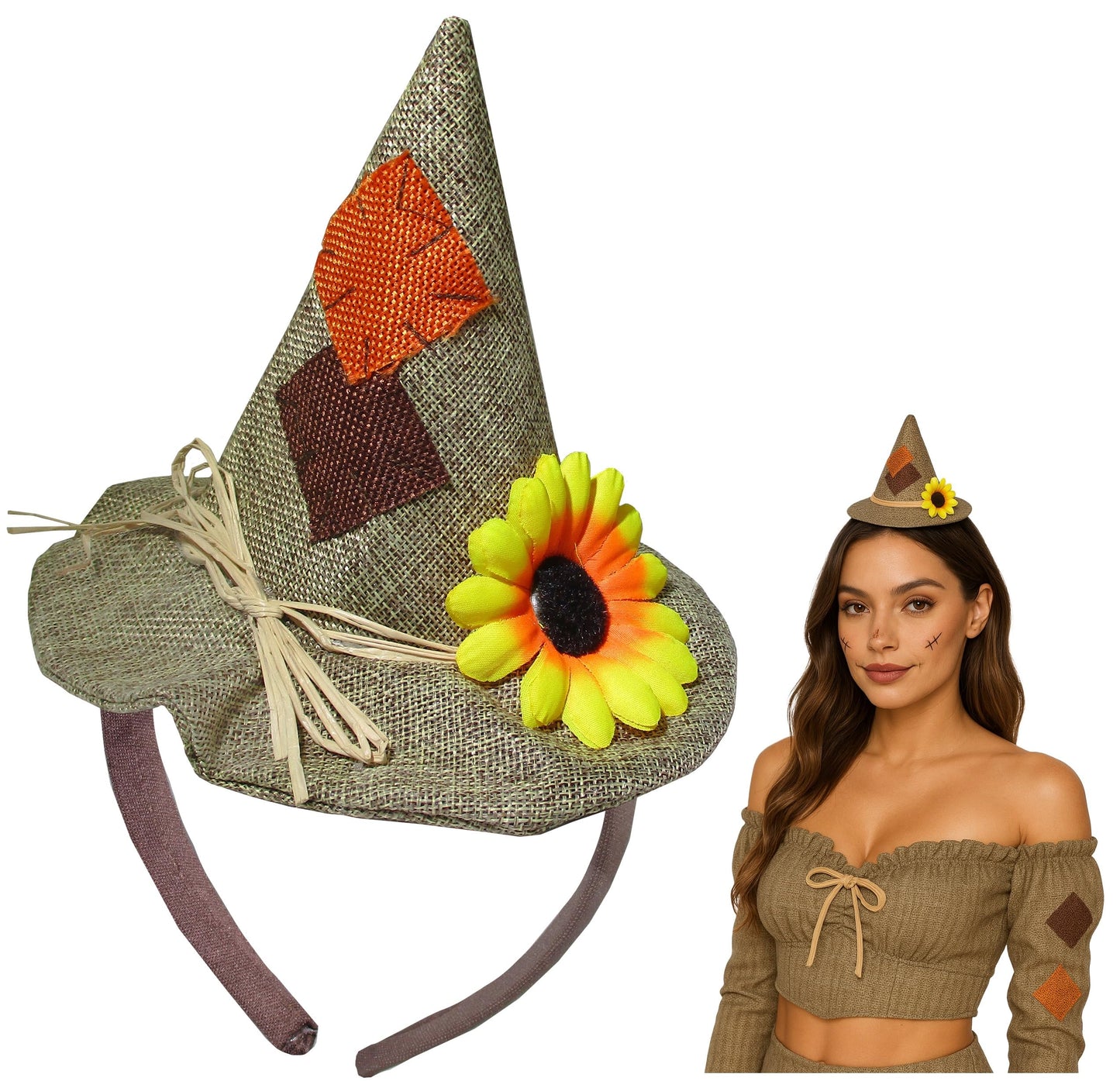 Nicky Bigs Novelties Unisex Adults Mini Scarecrow Hat On Headband Flower Halloween Costume Accessory (Light Brown)