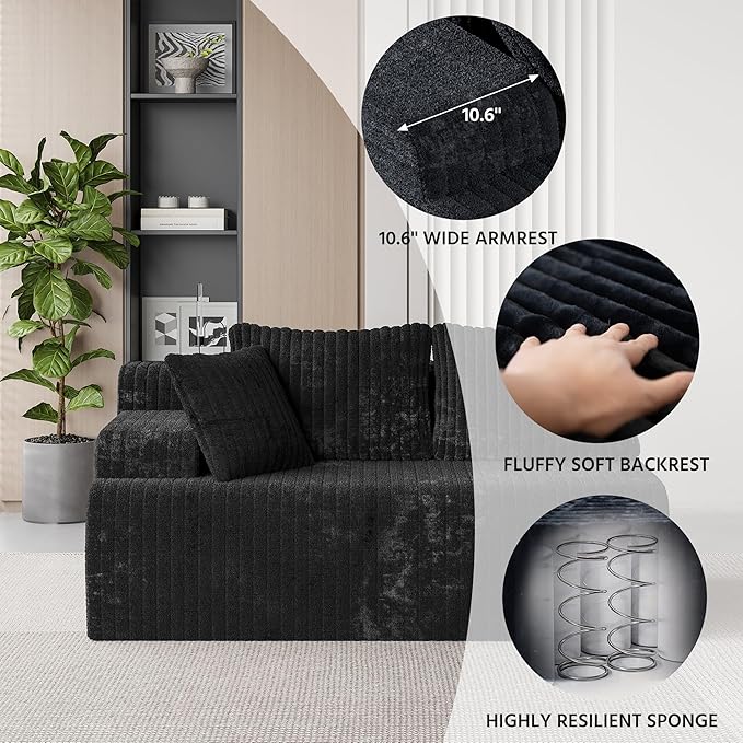 LAUSAINT HOME 96" Modular Sectional Sofa Couches, L-Shaped Boneless Cloud Sofa with 3 Deep Seat, 5 Cushiones Oversized Chaise for Living Room, Bedroom, Plush Corduroy Fabric (Left, Black)