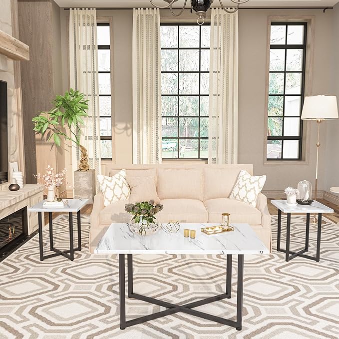 AWQM Coffee Table Set of 3, Industrial Coffee Table with 2 Square End Side Tables, Modern Living Room Table Set with Metal Frame for Apartment Home Office