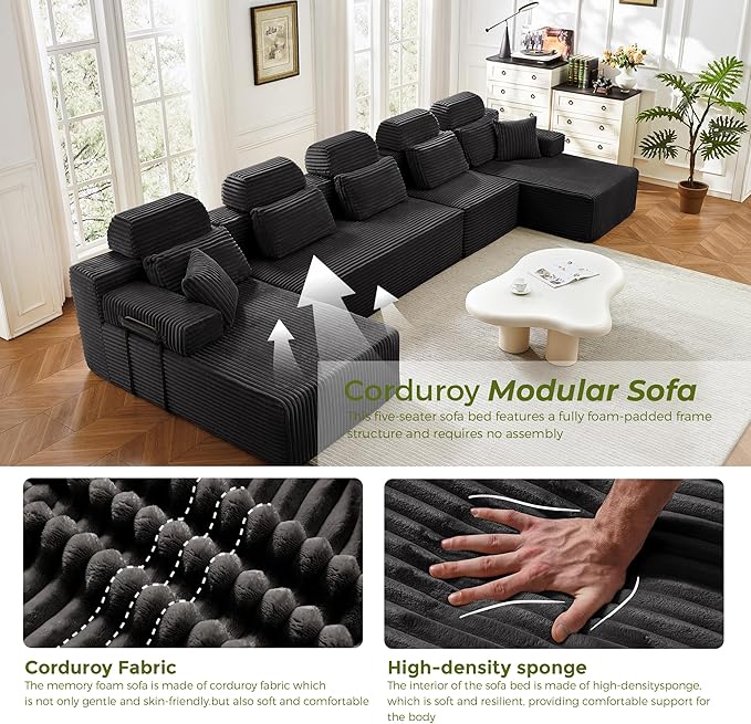 171" U-Shaped Cloud Modular Sectional Sofa with Chaise & Headrest, Boneless Deep Seat Plush Corduroy Couches for Large Living Room, No Assembly Required (Black, 171" U-shapred Chaise)